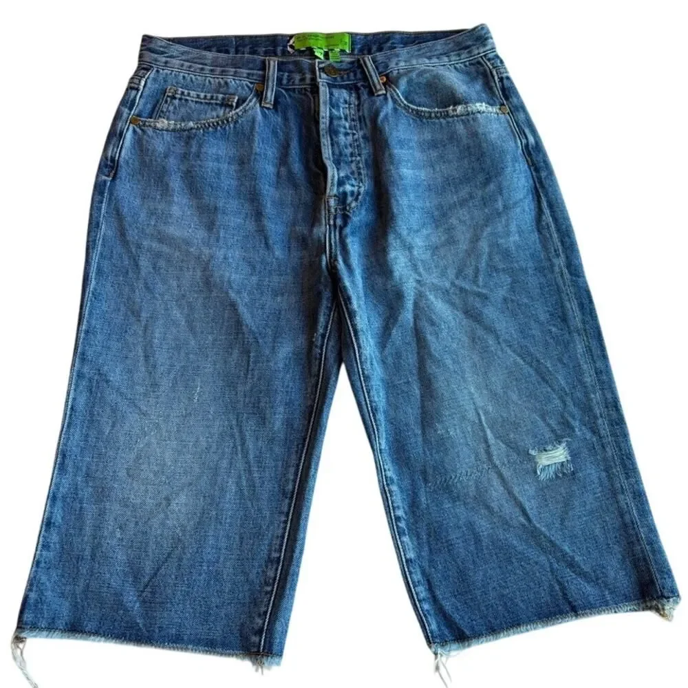 NWOT SR vs SANDRINE ROSE Cut-Off Denim Jeans Baggy Long Shorts Distressed Ripped